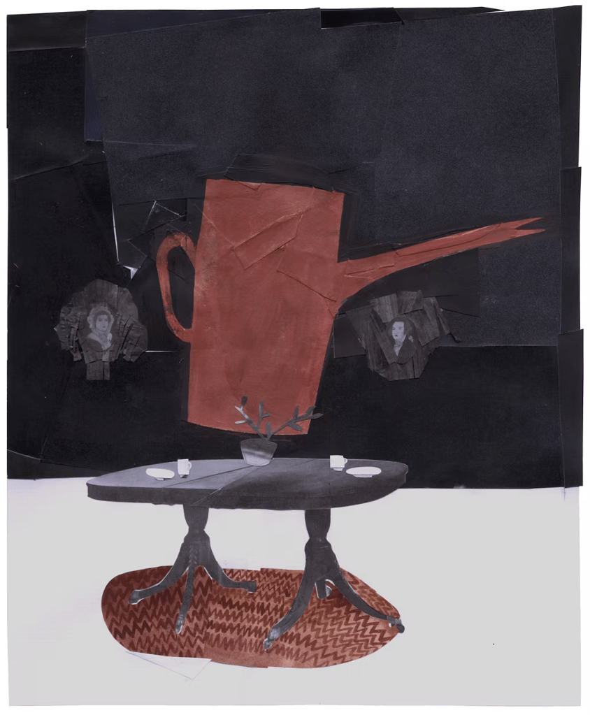 An illustration of a copper teapot, with two historical faces looking in from a dark background. There is an antique table sitting on a rug with a pink and copper zigzagged pattern. This is a stark and mysterious collage using found images as well as components built from paper.