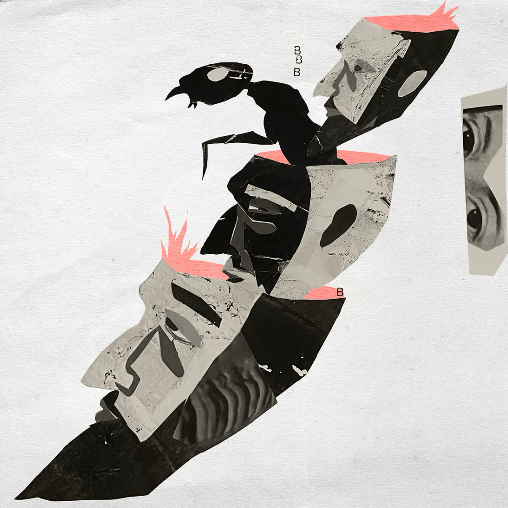 An illustration inspired by the book Antkind, by Charlie Kaufman. This is executed in a collage style using found paper. There are three heads stacked Russian doll-style, with an ant poking out of one of them. A pair of mysterious eyes watches from the side.