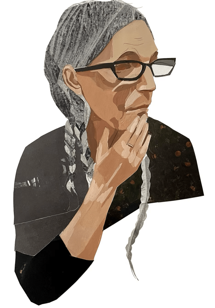 A portrait of musician, poet and activist Patti Smith. This illustration is executed in a collage and painted style. Patti Smith has her hand to her mouth, on a white background, looking to her left.