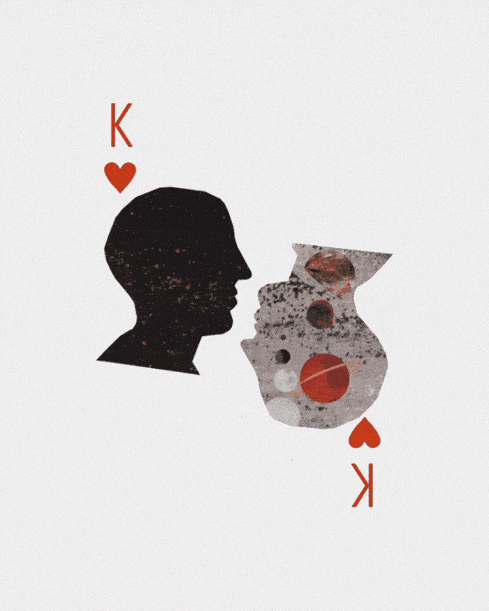 A playing card depicting the King of Hearts. In this collage the silhouettes of two males face each other seeming to share a thought. Planets from inside one silhouette move to the other. This illustration is animated by the NY based design company, Block & Tackle.