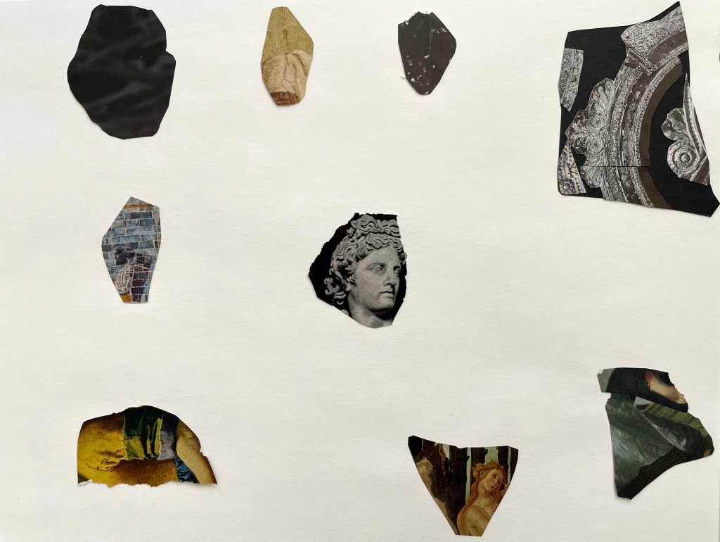 An illustration based off of a photo (to right) of shards of pottery on display at the Metropolitan Museum of Art, NY. These shards of pottery are interpreted in a spare, collage style on a white sheet of paper.