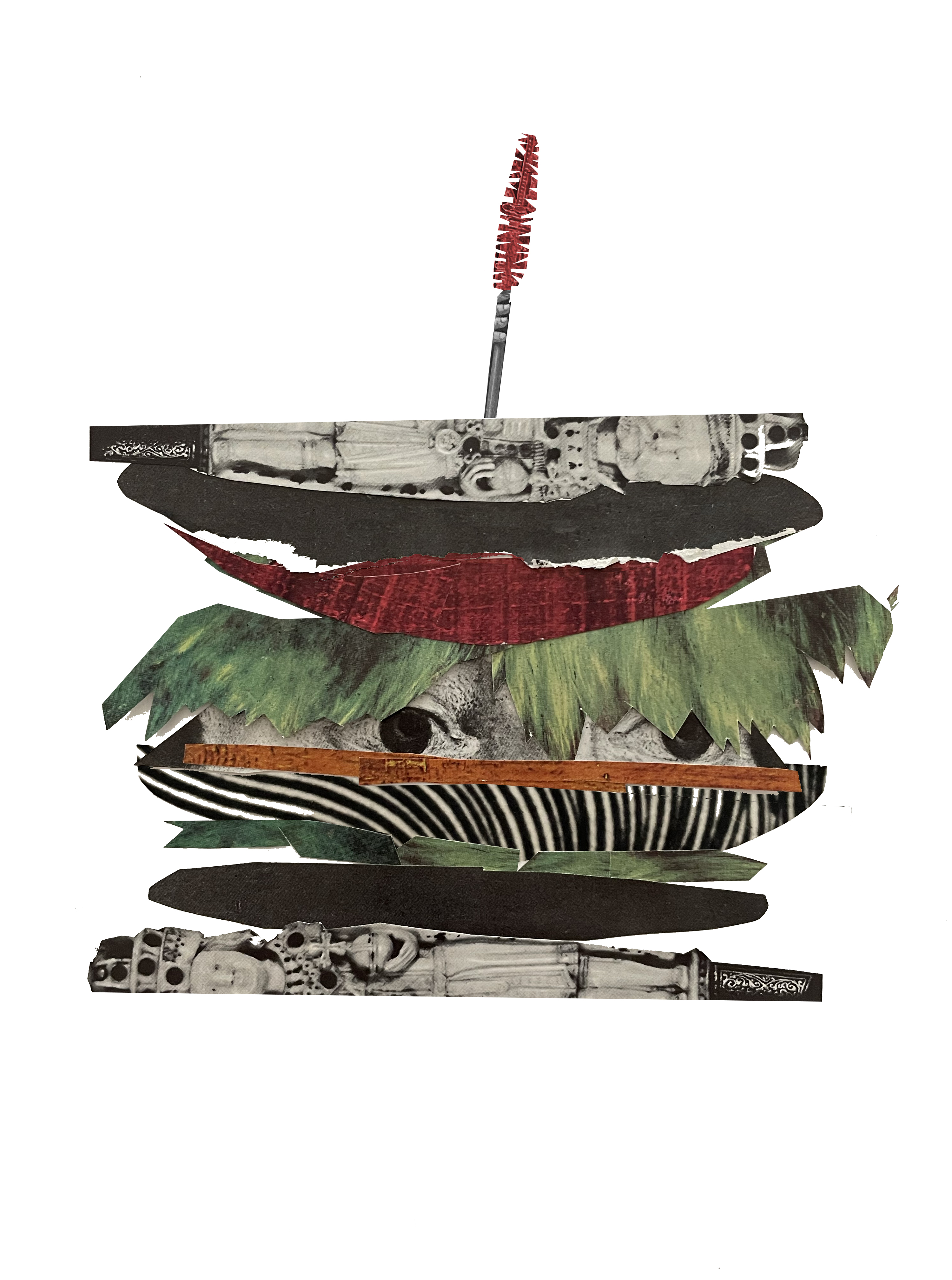 A collage of a mysterious sandwich created from unlikely sources. Two eyes peer out from between two pieces of bread.. which appear to be a small statue of a figure cut in half. 