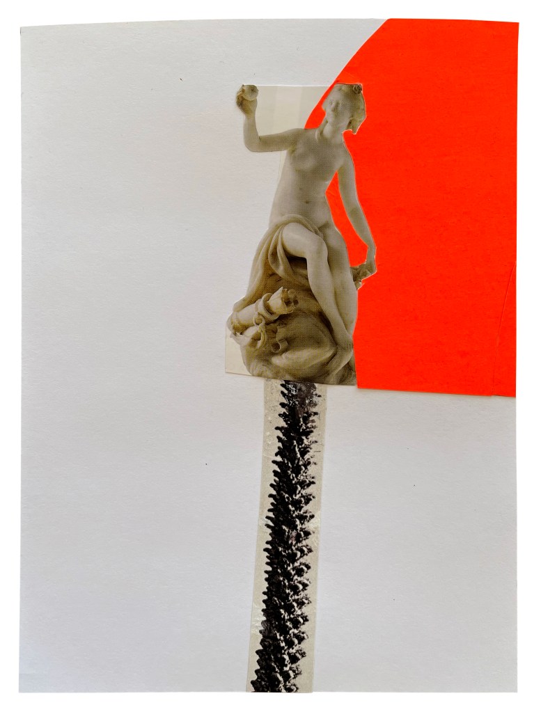 An illustration of the astrological sign Virgo made in a collage style. Virgo is represented by an antique sculpture of a nude woman, placed precariously on top of the large stalk of a cactus. A neon orange arc fills the space behind her.