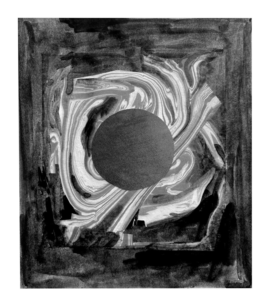 An illustration of a solar eclipse. This black and white, mysterious collage is made from scraps of ink painted paper, as well as marbled paper. It is an interpretation that  captures the awe inspiring phenomenon of a full solar eclipse.