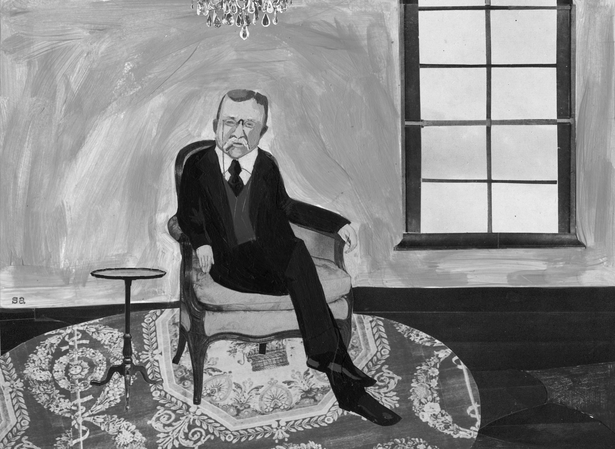 A portrait of Theodore Roosevelt, executed in a style that is both painted and collaged. In black and white, Roosevelt sits in an antique armchair that itself sits on a decorative, antique style rug.